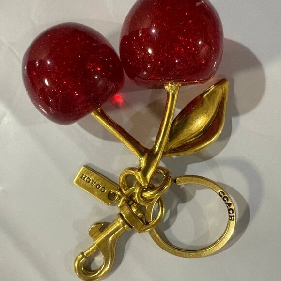 Valentines Day Coach Red Cherry Bag Charm Keychain Resin Metal Brass NWOT - Picture 2 of 6